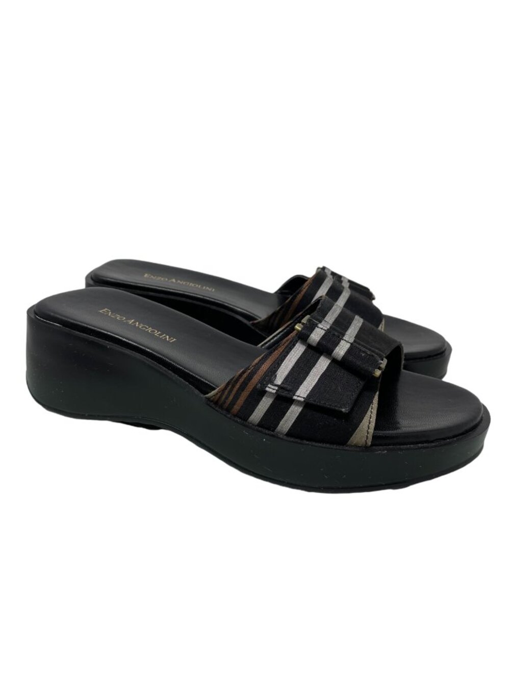 Y2K 90s Enzo Angiolini Sandals Size 7 LIO Slide Wedge Shoes Open Toe Stripe Blac